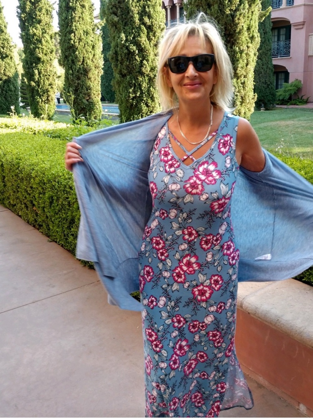 Pink Rose Blue Floral Maxi Dress with Pink Blooms, S